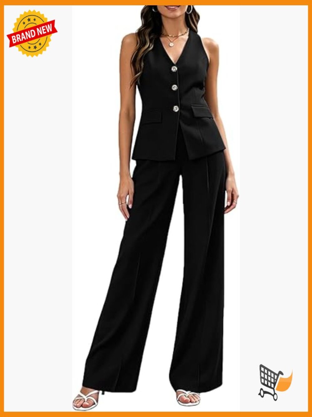 2 Piece Pantsuit Set - Sleeveless Vest & Straight Leg Pants - Business Casual